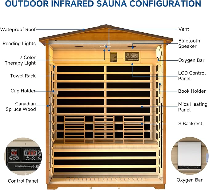 Outdoor Sauna 3 Person, Far Infrared Sauna for Home Low EMF, Wooden Spa Dry Saunas Room with Infrared Lighting and Bluetooth Speakers, 7 Colors Chromotherapy for Outdoor, Indoor and Gym