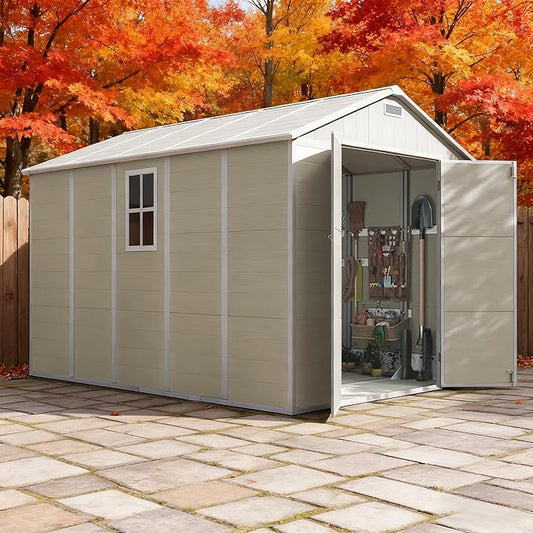 Outdoor Shed 5x3/6x4/7x7/8x6/8x10/8x12 FT, 15MM Thick PP Resin Plastic Shed with Lockable Door & Floor - Waterproof Plastic Tool Shed for Bike, Garbage Can, Backyard, Patio ﻿ ﻿ (Light Brown, 8x12FT)