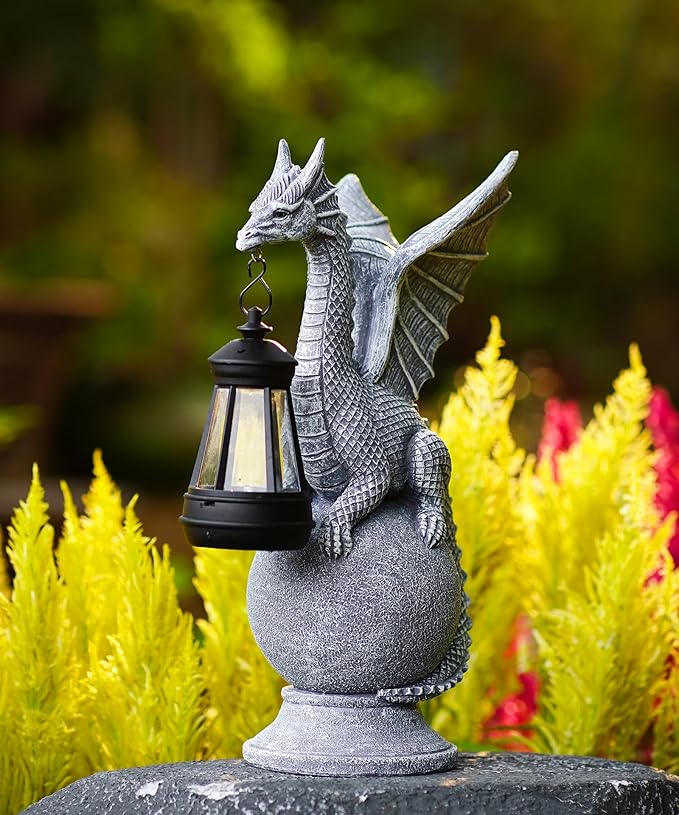 Dragon Statue with Solar Lights Lantern,Outdoor Garden Sculpture Decor for Yard Lawn Balcony Patio Porch,Gardening Gifts for Mom Women Grandma