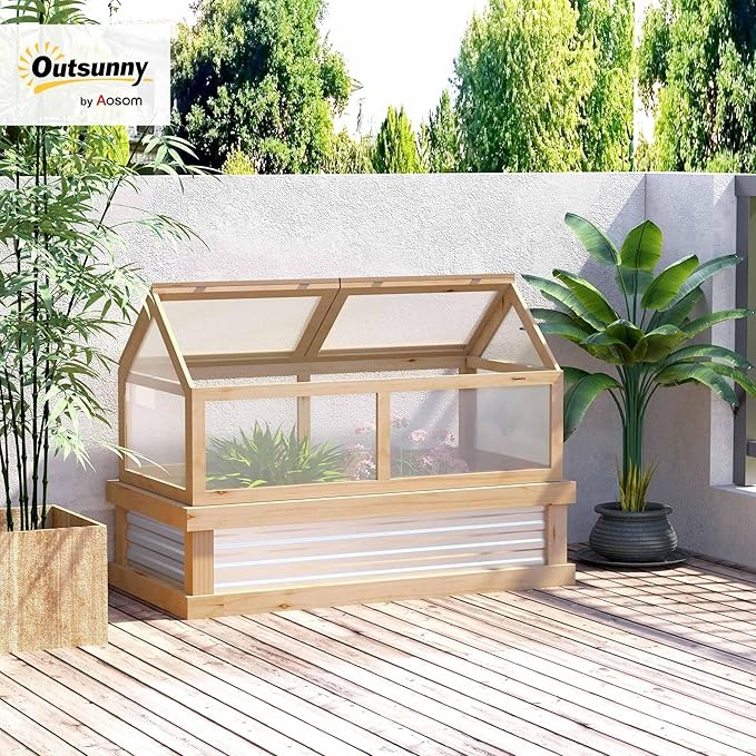 Outsunny Raised Garden Bed with Polycarbonate Greenhouse, Wooden Garden Cold Frame Greenhouse, Flower Planter Protection, 48" x 24" x 32", Natural