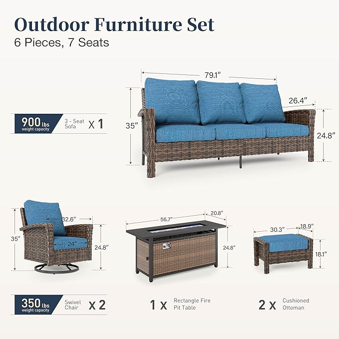 Patio Furniture Set with Swivel Chairs, High Back Wicker Rattan Furniture with 5.5" Thick Cushions, Fire Pit Table and Ottomans, All Weather Outdoor Conversation Set for Backyard Deck,7 Seats, Blue