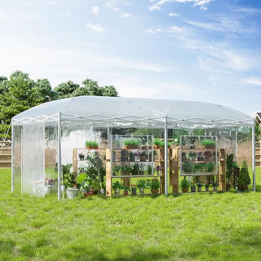 AMERLIFE 19.2×10×8.5 FT Pop-up Greenhouses for Outdoors Indoor with Adjustable Durable Frame, Portable Walk in Greenhouse with 2 Roll-up Zipper Doors, Windows and PE Cover, White