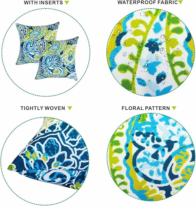 Outdoor Pillows, Pack of 2 Waterproof Decorative Throw Pillows with Inserts, 18”x18” Square Pillows for Couch, Sofa and Patio Furniture