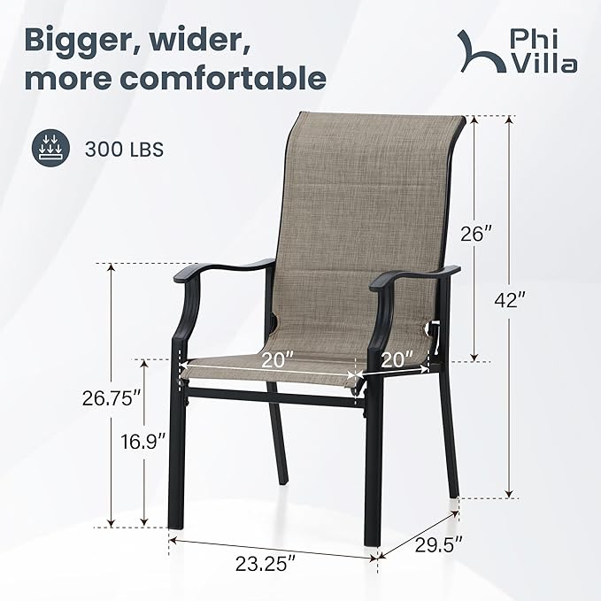 PHI VILLA Outdoor Dining Chairs Set of 2, High Back Textilene Fabric Padded Armchairs with E-Coated Steel Frame for Patio, Porch, Deck, Yard
