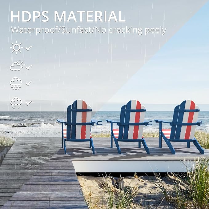 LUE BONA HDPS Adirondack Chairs, Fire Pit Outdoor Chair Weather Resistant with Cup Holder, Modern Plastic Chair Plastic for Patio, Deck, Proch, 350LBS, Flag Blue