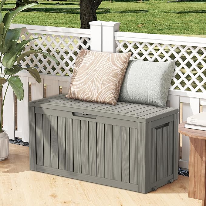 Outdoor Storage Box, Deck Box Waterproof 72 Gallon, Resin Outside Storage, Storage Bin for Package Delivery, Patio Furniture Cushion, Pool Accessories, Weatherproof and UV Resistant, Grey