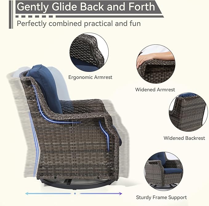 Patio Bistro Set 3 Pieces - Outdoor Swivel Rocker Patio Chair Set of 2 with Matching Tempered Glass Side Table, Cushion Included(Mixed Grey/Blue)