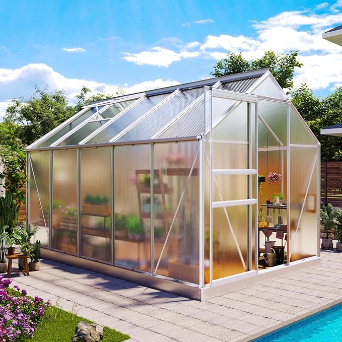 10x6ft Polycarbonate Greenhouse, Heavy Duty Walk-in Aluminum Greenhouse for Outdoors, with Ventilation Window, Sliding Door, Rain Gutter, Green House for Plants Backyard Silver