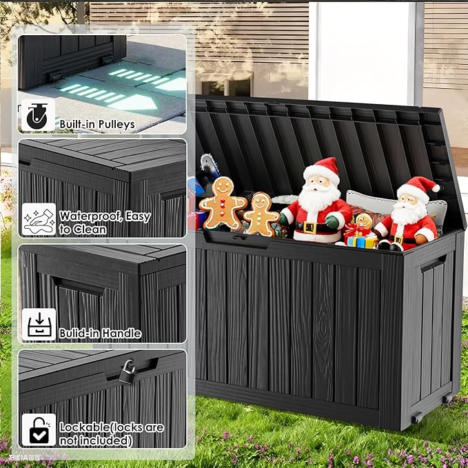Deck Box Outdoor with 75 Gallon, Rollers for Mobility, Handles Waterproof Storage Box with Lockable for Store Garden Tools Backyard, Multi-Functional Seat & Table, Black