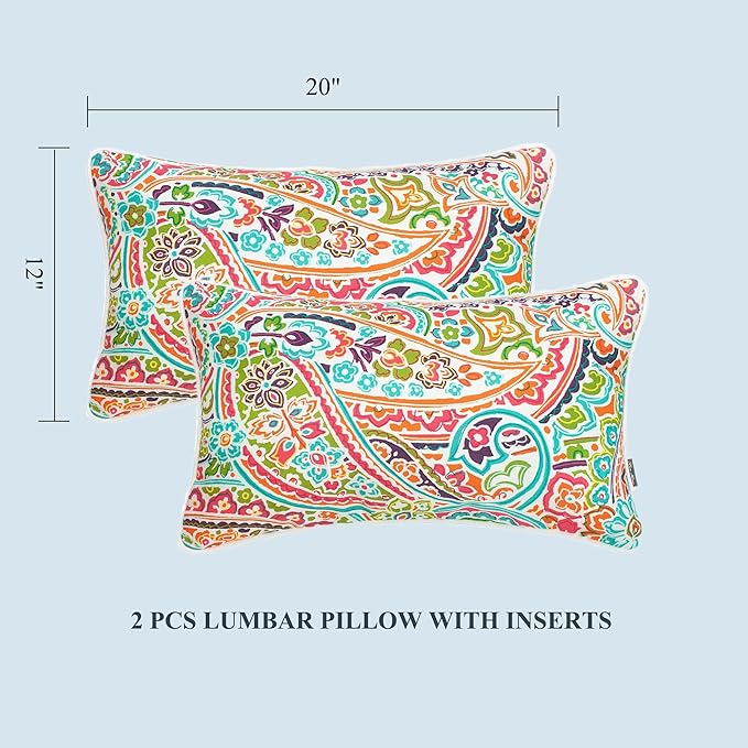 FUNHOME Set of 2 Outdoor Lumbar Pillows with Insert, 12”x20” Water-Repellent Fade Resistant Patio Lumbar Pillow, Decorative All Weather Lumbar Pillows for Home Coach Sofa Use-Melora Paisley