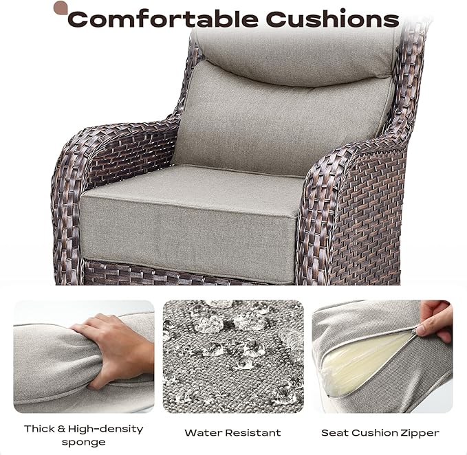Rilyson Outdoor Patio Swivel Rocker Chairs Set of 2, Waterproof Wicker, High Back, Deep Seating, Wide Armrest, Upgraded 6 inch Thick Cushions, Side Table, Ideal for Deck Porch Yard, Brown/Beige