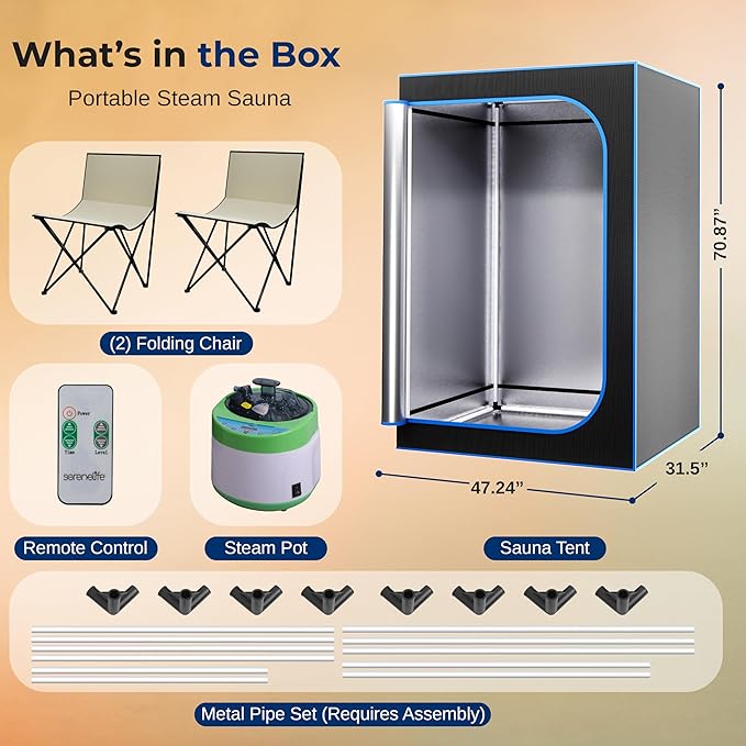 SereneLife Portable Sauna for Home, 2-Person Steam Sauna Tent with 4L Steamer, 2 Foldable Sauna Chairs, Remote Control for in-Home Spa Rejuvenation, 71"x47" (Black)