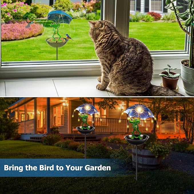Solar Bird Feeder Frog Garden Decor, Outdoor Solar Lights Frog Figurine Lights with Umbrella, Hummingbird Feeder Decorative Path Lights Yard Art Ornament Bird Feeder (Frog)