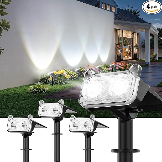 LETMY Solar Spot Lights Outdoor Waterproof with Bigger LED, 4 Pack Auto ON/OFF 135°Adjustable Solar Lights Outdoor, 2-in-1 Wall Lights & 2 Modes Landscape Spotlights for Tree Yard Pathway Garden Decor