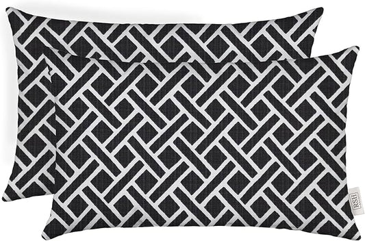 RSH DECOR: Lumbar Throw Pillows Set of 2 | 20” x 12" | All-Weather Spun Fabric | Water and Fade-Resistant | Outdoor Support Pillows for Patio Furniture | Matte Black Geometric