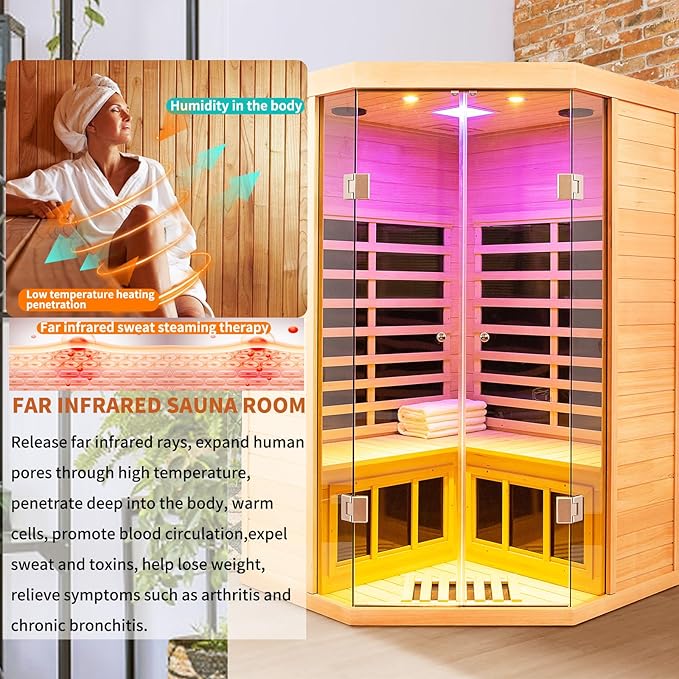 Infrared Sauna 2-3 Person Infrared Saunas for Home, Indoor Corner Sauna Spa Low Emf Infrared Sauna with 7 Color Therapy Dry Sauna for Home,2 Bluetooth Speakers, 2 LED Reading Lamp