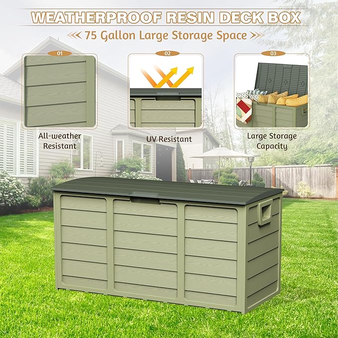 75 Gallon Outdoor Deck Box - Heavy Duty Resin Storage with Lockable Lid, UV Resistant for Patio Furniture Cushions, Pillows (Green)