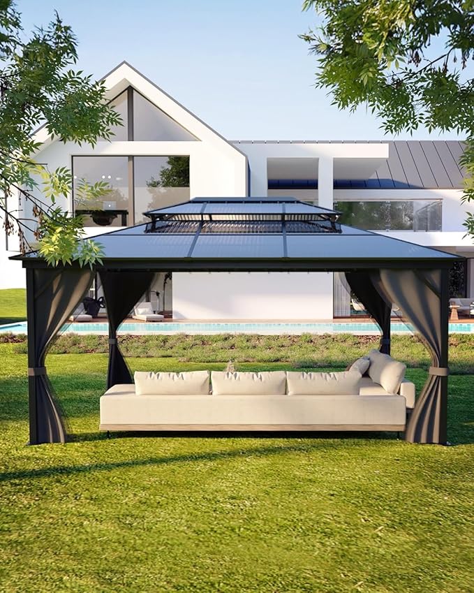 GAOMON Hardtop Gazebo 10'x13', with Double Polycarbonate Roof, Aluminum Alloy Frame, Net, and Curtain, Permanent Building of Backyard Luxury, for Patio, Deck, Backyard, Lawn, and Garden, Gray