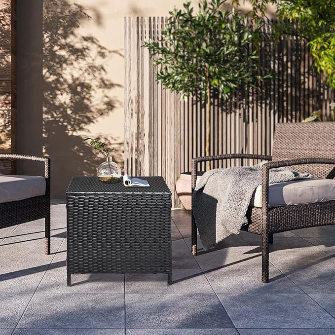 Outvita Outdoor Side Table, Rattan Coffee Table with Storage 27 Gallon Patio Small Deck Storage Box for Cushion Towel Books, Brown Side Table with lid
