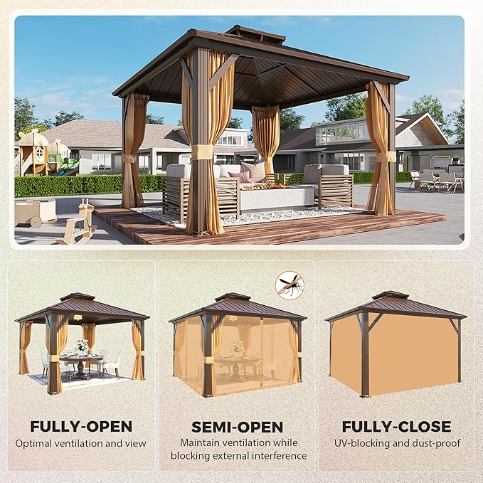 YOLENY 12' x 12' Gazebo Hardtop with Aluminum Frame,Galvanized Steel Double Roof Gazebos with Curtain and Netting,Outdoor Metal Pergolas for Garden, Lawn, Deck, Brown