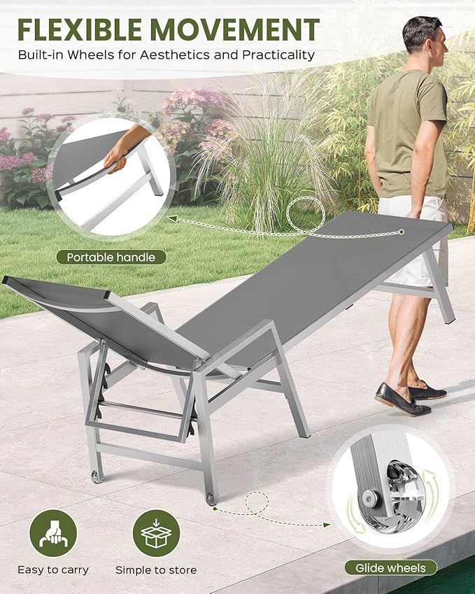 Patio Chaise Lounge Chair Outdoor with Wheels&Armrests, Aluminum Pool Lounge Chairs 5-Position Adjustable Recliner, Outdoor Beach Lounge Chairs for Poolside, Patio, Deck, Yard, Dark Gray