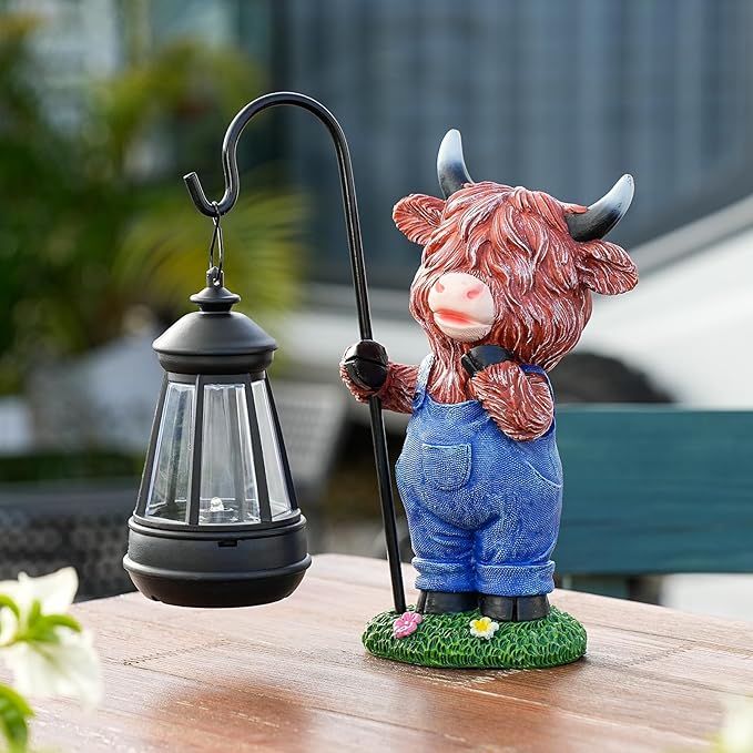 Solar Highland Cow Statue for Garden Decor: Outdoor Highland Cattle Sculpture with Lantern Clearance for Yard Balcony Lawn Patio Ornaments - Gifts for Mom Women Grandma