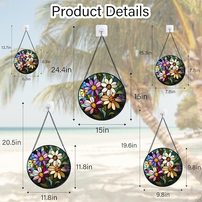 CRICRISGIF Stained Glass Window Hanging - Colorful Daisies Suncatcher for Door Garden Patio Retro Flower Sun Catchers Decor Christmas Mother's Day Birthday Gifts for Women Mom Nana Aunt Friend 9.8 in