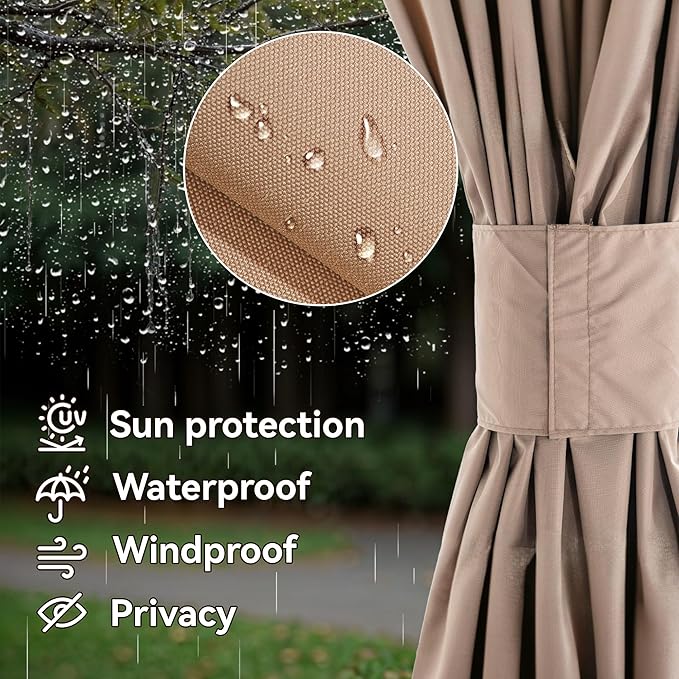 Gazebo Curtain Replacement Universal 4-Panel Sidewalls 12' x 14', Outdoor Gazebo Privacy Curtains with Zipper, Replacement for Outdoor, Patio Canopy, Garden and Backyard (Curtain Only)