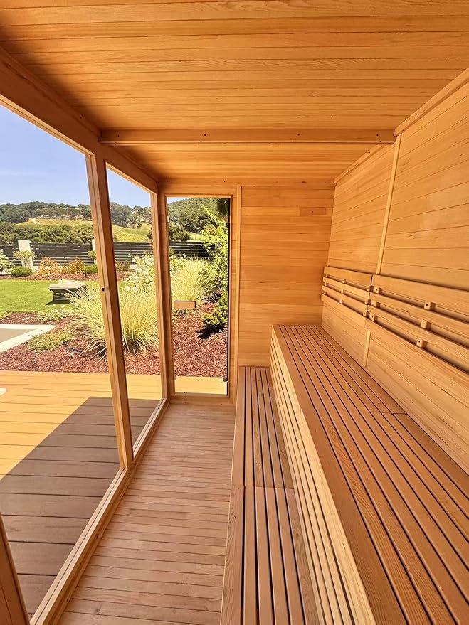 Customize Wood Burning Sauna 3-8 Person, Outdoor Red Cedar Steam Saunas, ETL Harvia Heater, Glass Wall Saunas, 220V, Rectangle Sauna Room with Backrest Headrest, Waterproofing System(0-195℉)