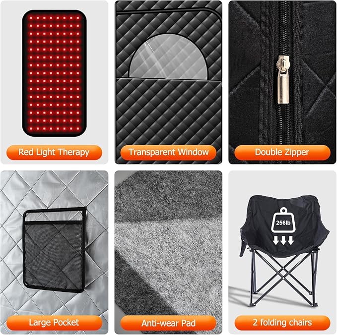 Portable Infrared Steam Sauna with Red Light Therapy Lamp, 2 Person Saunas Tent with 4L Steamer, 2 Large Folding Chairs, Remote Control, Indoor 1 or 2 Person Home Spa for Gym/Pilates/Garage