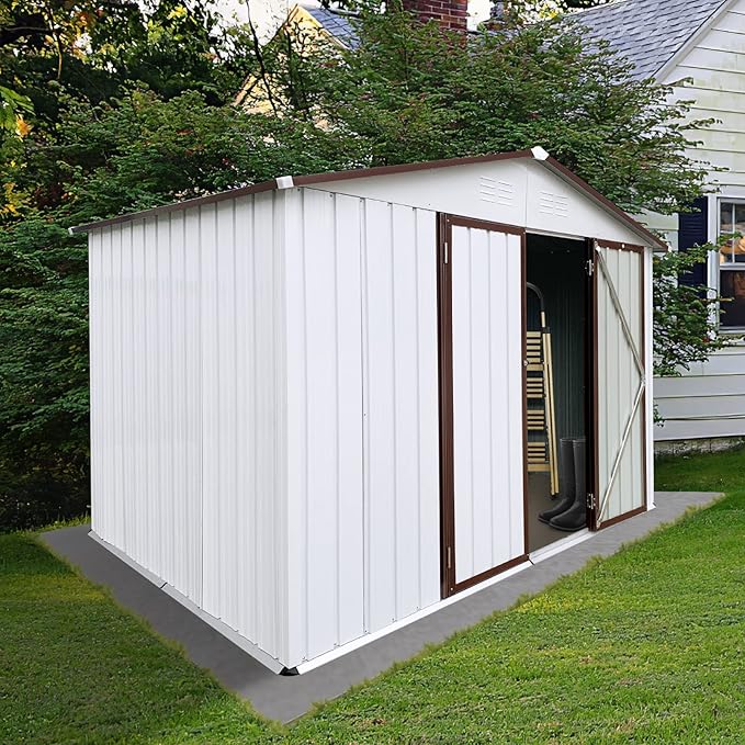 Metal Garden Sheds 8ftx10ft Outdoor Storage Sheds White+Coffee, for Backyard, Patio, Poolside