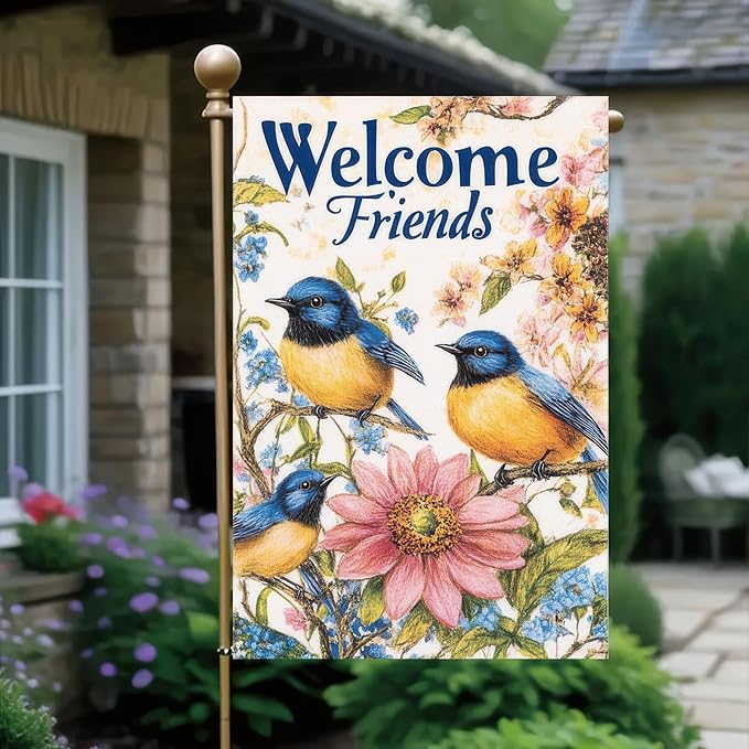 Garden Flag Hello Spring Yard Flag Garden Decoration 12x18 Inch Double Sided Welcome Friends Bluebirds Floral Design Outdoor Yard Banner for Spring and Summer Decoration