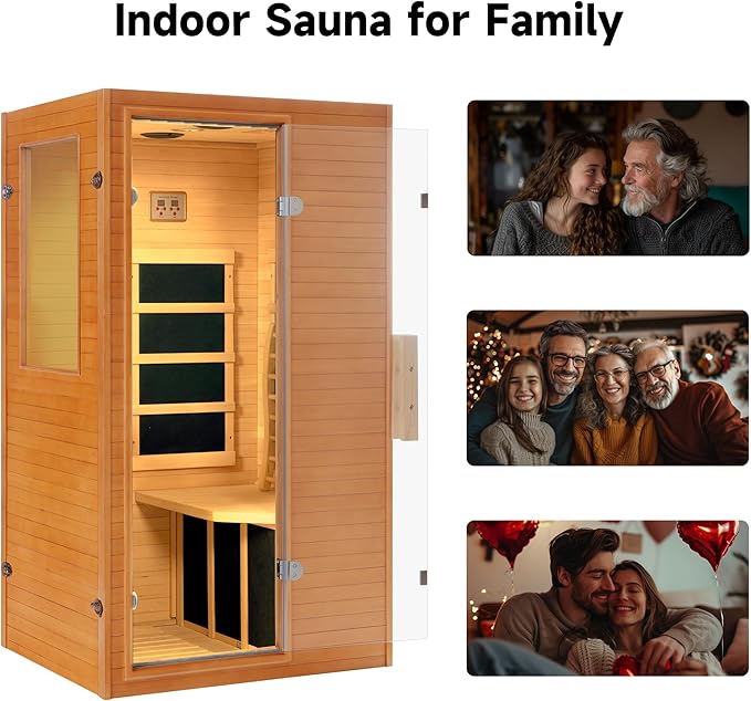 1 Person Infrared Sauna, Home Sauna Hemlock Wooden Indoor Dry Saunas Room, Low EMF 950W/110V Heaters Panels, Bluetooth Speakers, Reading Lamp