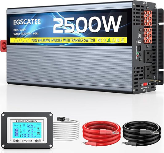2500W Pure Sine Wave Inverter with Transfer Switch, 12V DC to 120V AC Converter with 2AC Outlets, USB Port, Type-C Port, Remote Controller, Power Inverter for RV, Outdoor, Auto Swtich to Shore Power