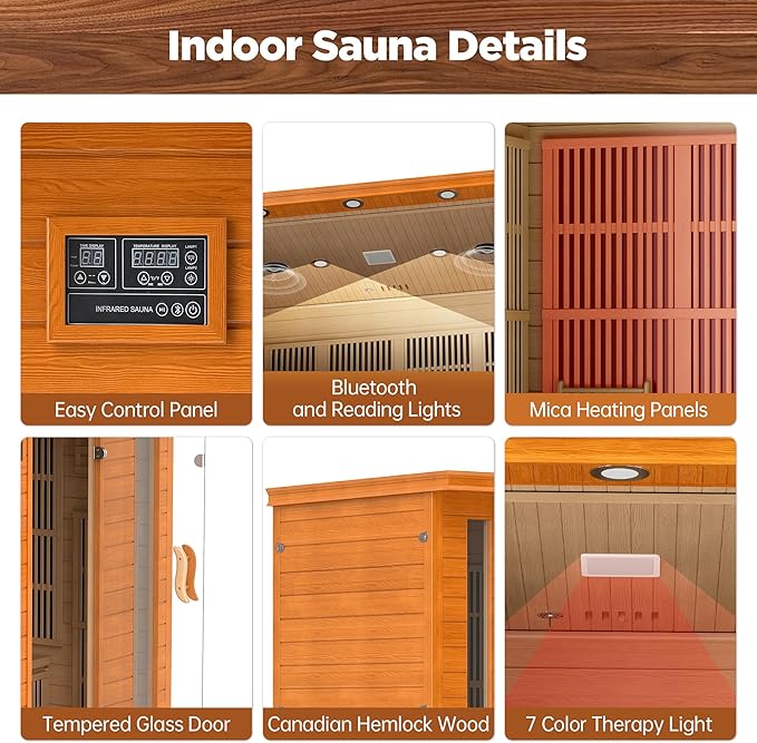 4 Person Far Infrared Sauna Indoor, Low EMF Wooden Sauna at Home with Bluetooth, Therapy Light, LCD Panel