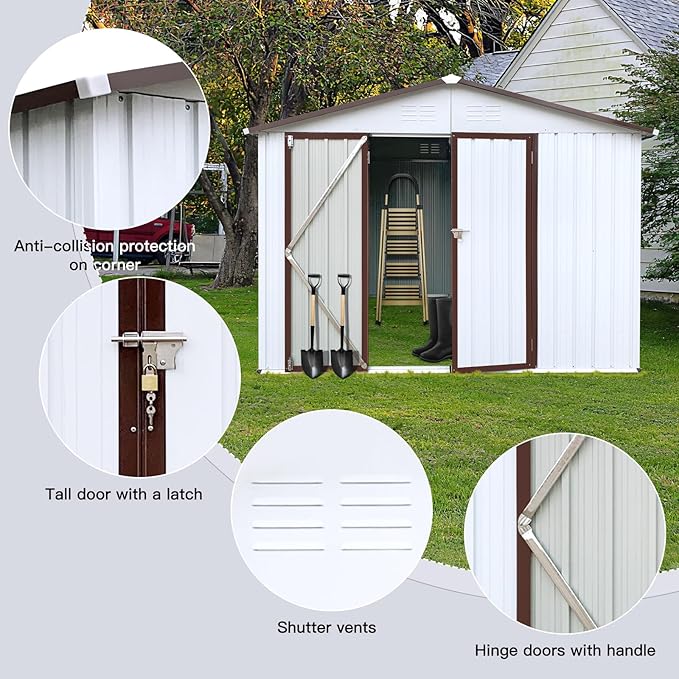8 x 6 FT Metal Outdoor Storage Shed & Double Hinged Large Door - Heavy-Duty Shed with Floor, Lockable & Ventilation - Rainproof Windproof Large Utility Garden Shed for Backyard Patio Lawn - Brown