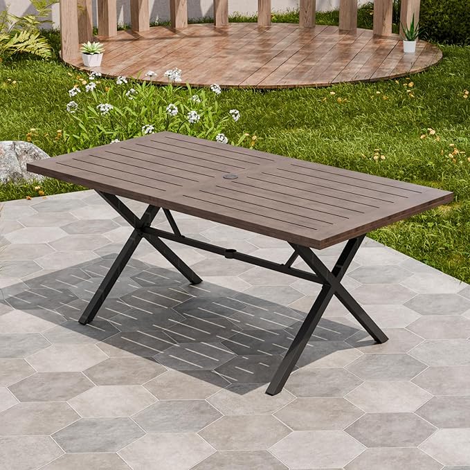 COOS BAY Echo Vibe Outdoor Dining Table with Umbrella Hole, Natural Wood Patio Dining Table for 6, Patio Furniture Set, Brown