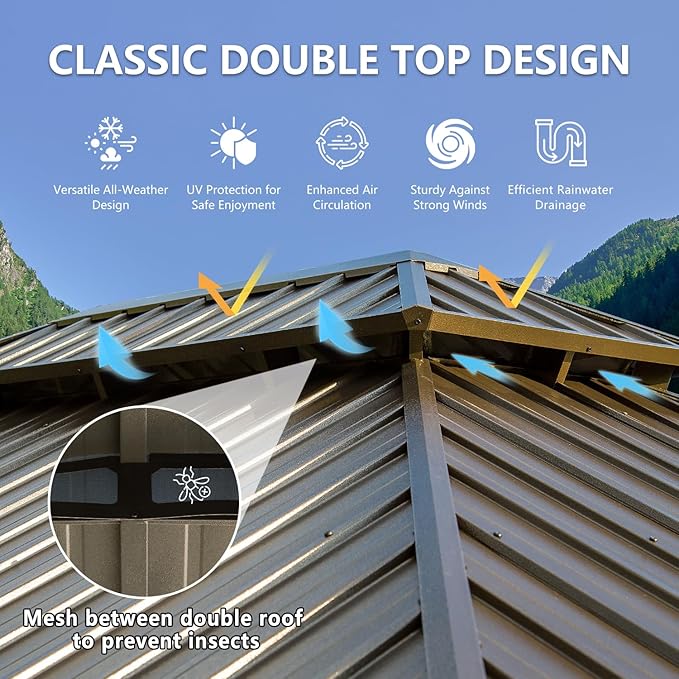 12' x 16' Hardtop Gazebo Outdoor Aluminum Gazebos Grill with Galvanized Steel Double Canopy for Patios Deck Backyard,Curtains&Netting by domi outdoor living