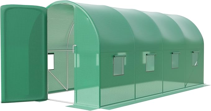 15X7x7 Ft Walk-in Tunnel Greenhouse for Outdoor Gardening - Heavy Duty Galvanized Steel Hoop House with Green PE Cover, A Swing Door & 8 Vent Windows, Garden Plant Protection for Winter Use