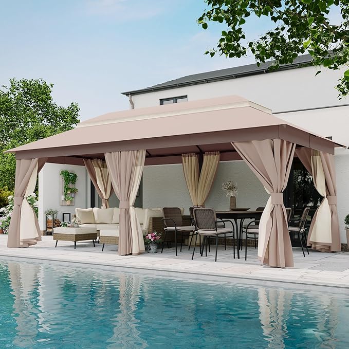 LAUSAINT HOME Outdoor Patio Gazebo 10'x20' with Expansion Bolts, Heavy Duty Party Tent & Shelter with Double Roofs, Mosquito Nettings and Privacy Screens for Backyard, Garden, Lawn, Champagne Khaki