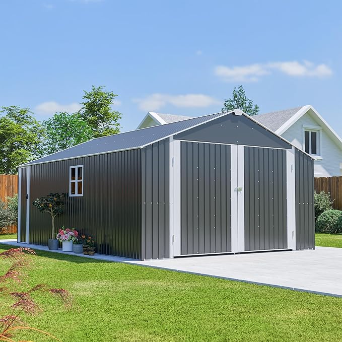 12x20 FT Garage Shed Outdoor Storage 1810 CU.FT Large Metal Garden Tool Sheds for Vehicle with Lockable Doors Floor Frame Window Gable Roof Waterproof for Backyard Patio Lawn, Black