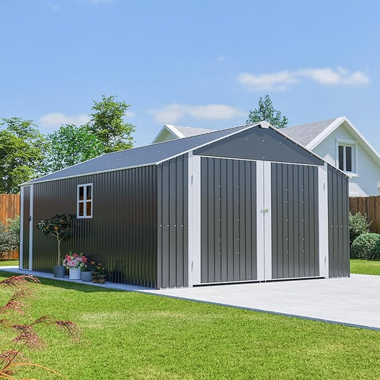 12x20 FT Garage Shed Outdoor Storage 1810 CU.FT Large Metal Garden Tool Sheds for Vehicle with Lockable Doors Floor Frame Window Gable Roof Waterproof for Backyard Patio Lawn, Black