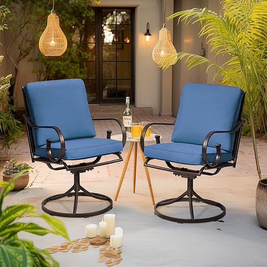 MELLCOM Patio Swivel Chair Set of 2, Outdoor Dining Chairs with Thickened Cushions, Metal Patio Chairs Gentle Rocker for Outside, Garden Lawn & Porch, Blue