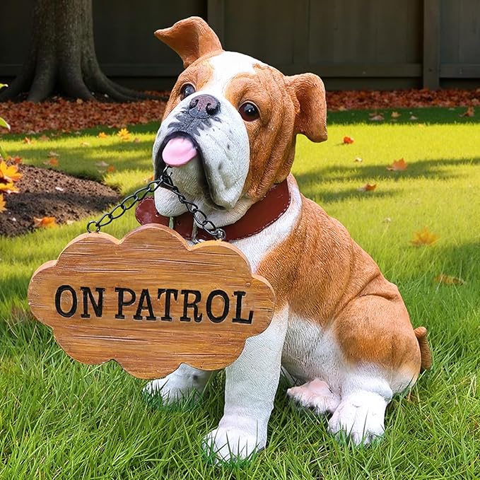 English Bulldog Outdoor Dog Statue with Flip-Over “Welcome/ON Patrol” Plaque and Solar Path Lantern, Brown & White Sitting Puppy for Porch & Lawn