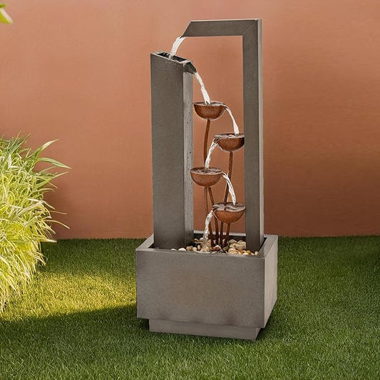 XBrand Metal Sculptural Multi-Tiered Flower Water Fountain, No LED Lights, Gray and Bronze, 38" Tall