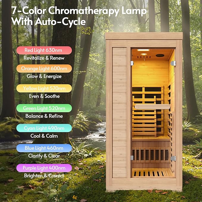 Infrared Sauna at Home 1 Person with 7 Color Therapy, Low EMF 1745W Fast Heating Canadian Hemlock Wood Sauna, Indoor Dry Sauna with Bluetooth Speakers for Home, Gym (3Lx3.3Wx6.3H Ft)