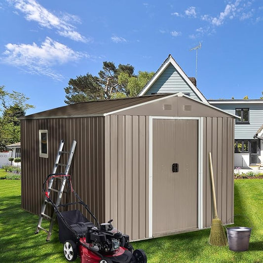 8x10 ft Outdoor Metal Storage Shed with Floor Foundation and Window, Lockable Galvanized Steel Tool Shed with Sliding Door and Air Vent, Waterproof Garden Storage House for Backyard, Patio