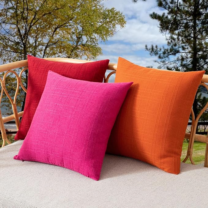Kevin Textile Fall Outdoor Waterproof Throw Pillow Covers Decorative Farmhouse Water Resistant Checkered Cushion Covers for Tent Patio Garden Couch Sofa Pack of 2 (20x20 Inch Orange)