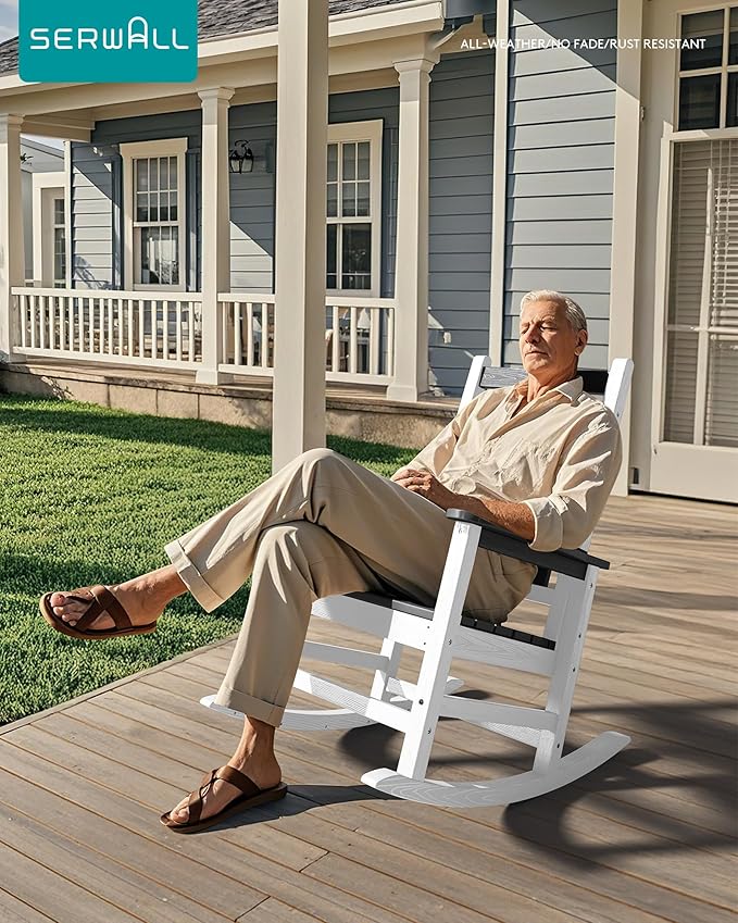 SERWALL Outdoor Rocking Chair, HDPE Rocking Chairs for Adult, All Weather Porch Rockers for Lawn Garden, Gray & White