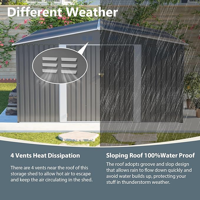 12×14 ft Outdoor Metal Storage Shed, Large Garden Tool Shed with Lockable Double Doors, Waterproof Yard Building, Patio, Light Gray